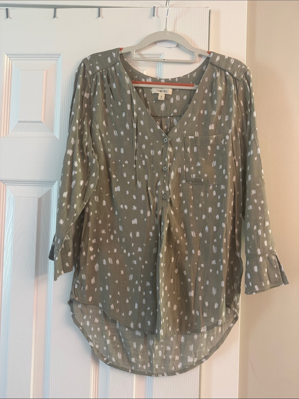 Casual Olive Dot Button-Front Blouse by Como Blu